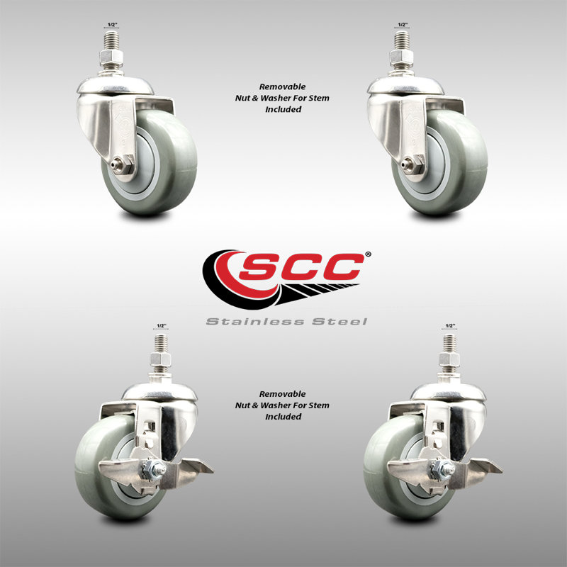 316SS Polyurethane Swivel Threaded Stem Caster Set 2 Brakes