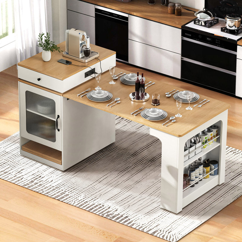 Îlot de cuisine avec table de salle à manger extensible, rangement double-face, 2 tiroirs, prise de courant, Blanc