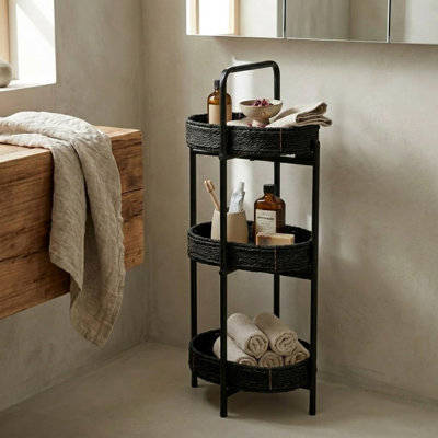 Étagère de rangement à 3 niveaux en rotin tissé et métal avec tablettes ovales / panier pour le salon, la chambre à coucher