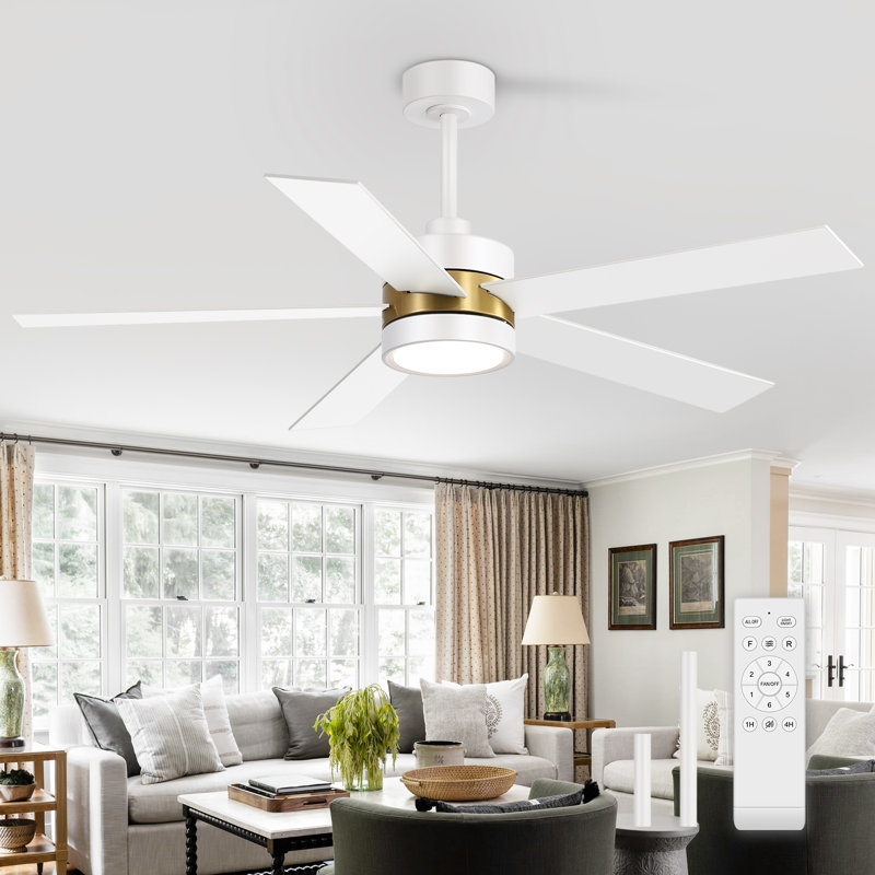 Ventilateurs de plafond à DEL 52 po avec ensemble d'éclairage et télécommande, Blanc, Or/noir, 52"