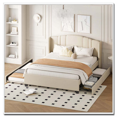 Grand lit plateforme tapissier avec tête de lit à oreilles, lit gigogne simple et 2 tiroirs, aucun sommier nécessaire