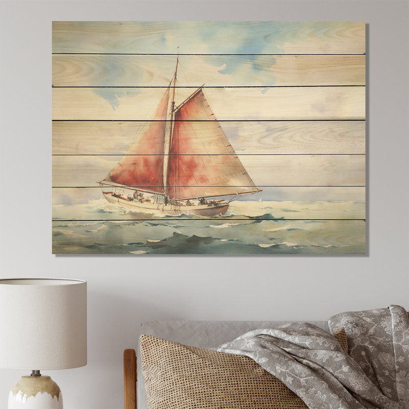 Voilier côtier de sérénité sur l'horizon IV - Bateau à voile sur bois, H 24 po x l 32 po x P 0,78 po
