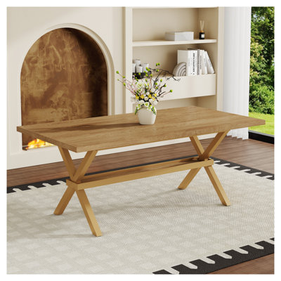 Table de salle à manger moderne 71 "pour 6 à 8 personnes - Plateau en bois aggloméré clair avec base en X en métal doré