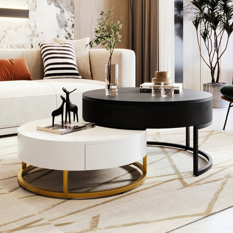 Tables basses modernes avec 2 tiroirs, plateau relevable et gigogne, attrait blanc et noir Surprise