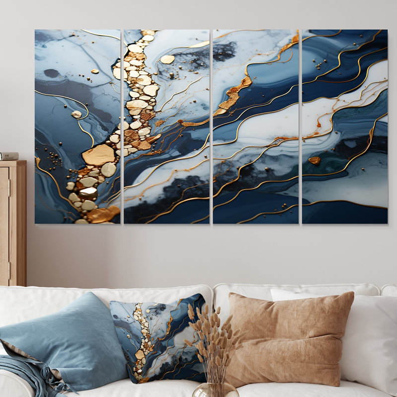 «Blue and Gold Marble River II - Abstract Marble», art mural 4 pièces, H 28 po x l 48 po