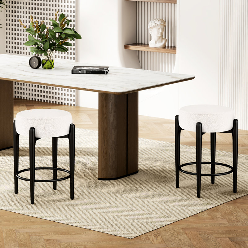 Fauteuil moderne sans dossier de 2 personnes, tissu blanc bouclé, mousse haute densité, structure en métal renforcé pour tabourets de cuisine de style café, structure de 23,6 po de hauteur, coussin respirant