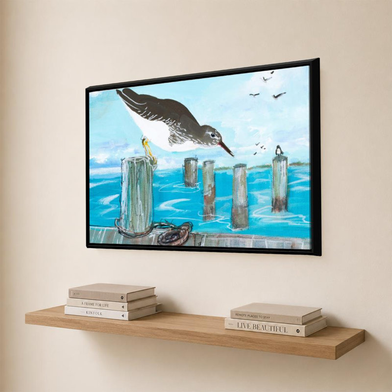 «Sandpiper Pier» par Sundance, impression sur toile, H 24 po x l 36 po, Cadre flottant biseauté, Noir