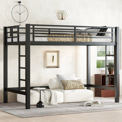 Queen Size Metal Loft Bed with Ladder and Full Guardrails, Black Kids & Teen Space-Saving Loft Bed Frame by Wrought Studio