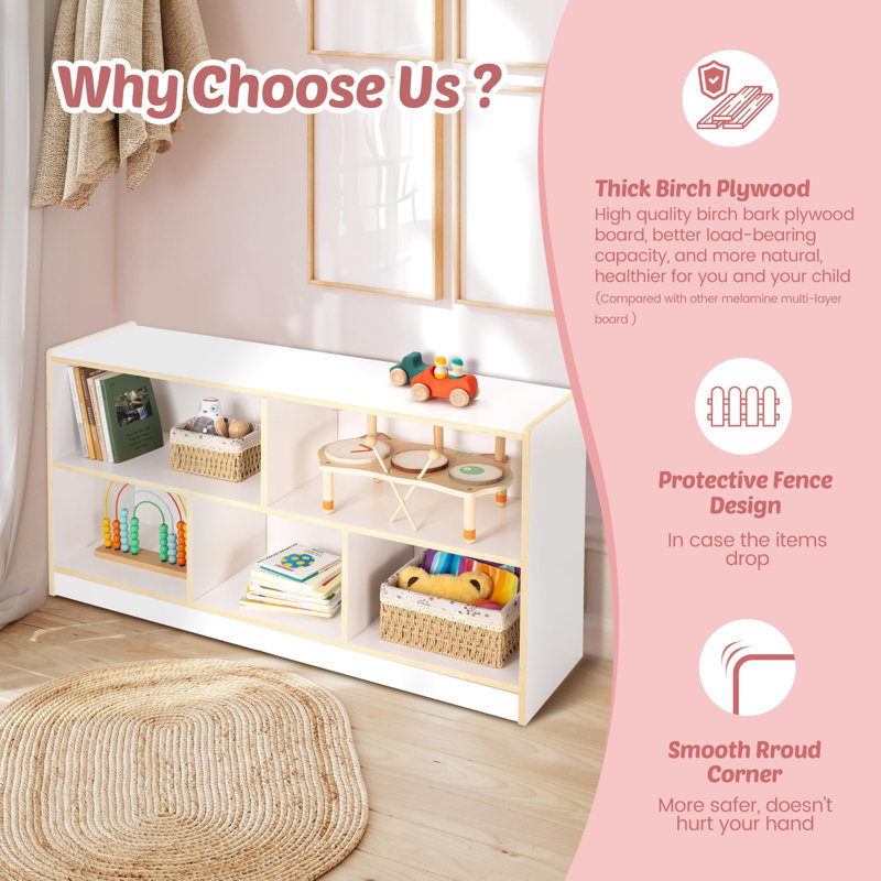 Montessori Bookshelf, 5-Section Wooden Storage Cabinet, Toy Storage Organizer with Kids Bookshelf, FSC Safety Montessori Toy Book Shelf for Kids Rooms, Classroom, Playroom, Daycare, Preschool