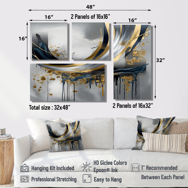 Shapes And Lines Abstract Marble V - Abstract Marble, reproduction d'art sur toile 4 pièces, Noir