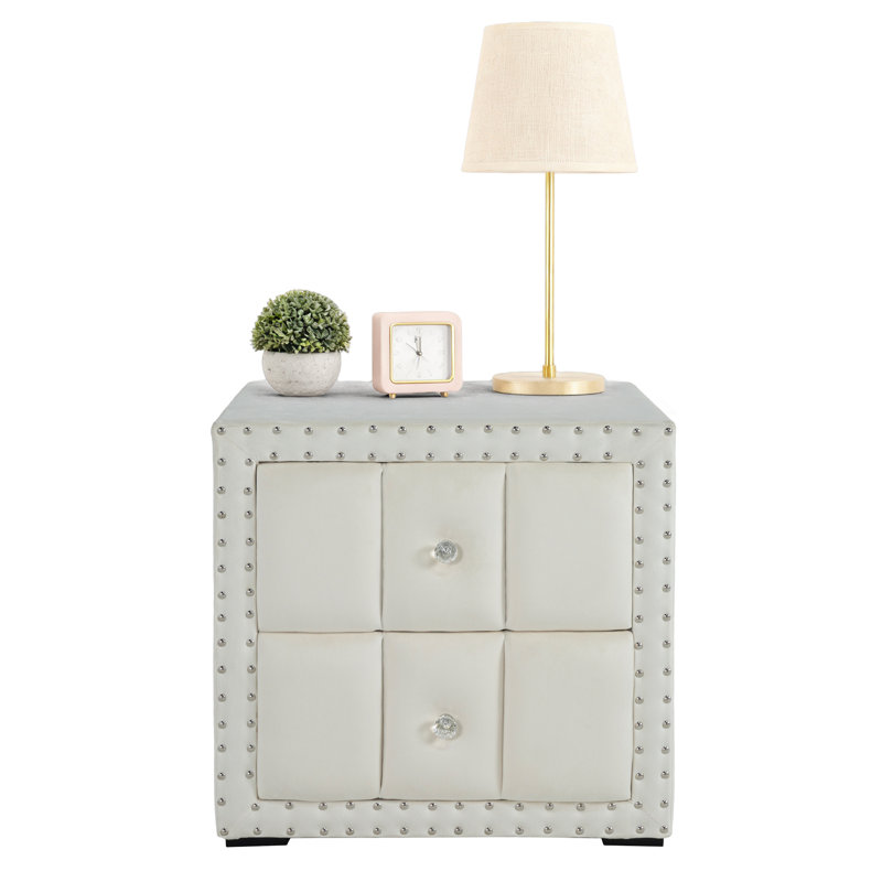 2-Drawer Upholstered Nightstand With Nailhead Trim For Bedroom, No Assembly Required, Beige, Individual