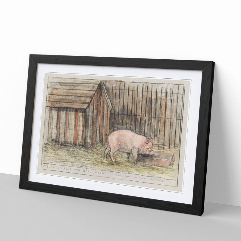 Pig in a Farm by Theo Van Hoytema - Picture Frame Painting, 48cm H x 65cm W x 2cm D, Black Framed