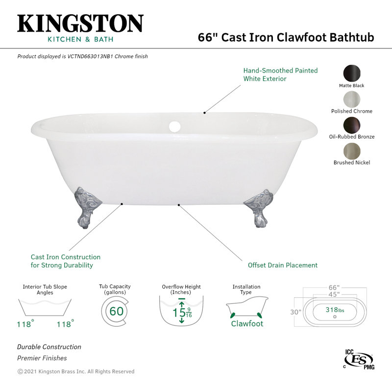 Kingston Brass Aqua Eden 66-Inch Cast Iron Oval Double Ended Clawfoot Tub (No Faucet Drillings), Oil Rubbed Bronze