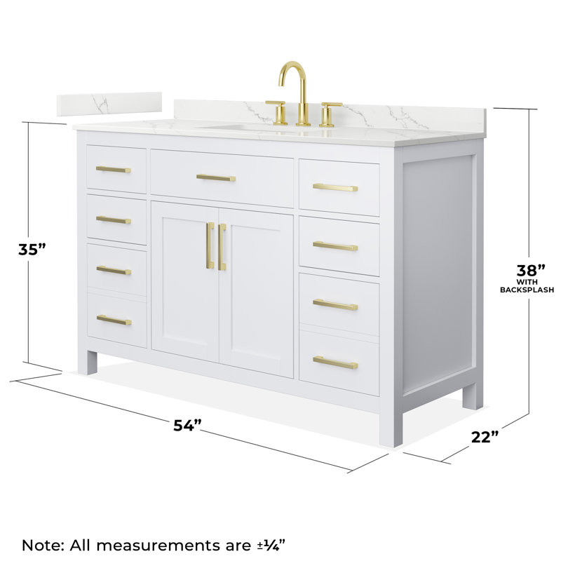 Beckett 54" Freestanding Single Bathroom Vanity with Quartz Top, White, Brushed Gold, Giotto Quartz