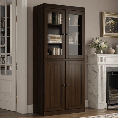 Bibliothèque 6 étagères 100 % bois massif, portes vitrées transparentes et style Shaker, étagères réglables, largeur 81 cm, hauteur 182 cm