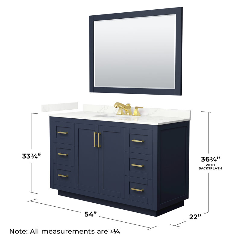 Ensemble de meuble-lavabo simple autoportant 54 po avec plateau en quartz Miranda, Bleu foncé, Giotto Quartz, Or brossé