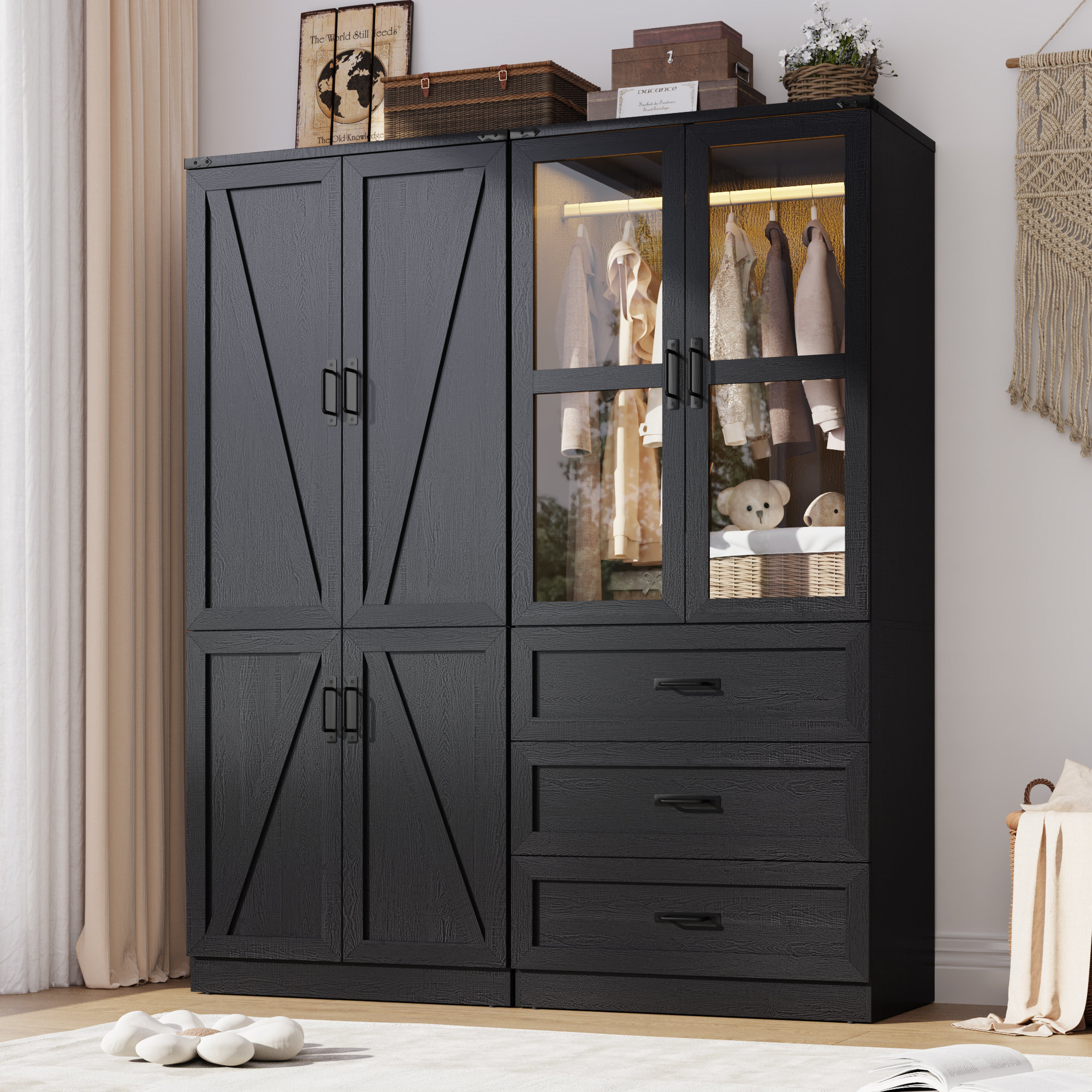 Gracie Oaks 74.8"H 4 Door Wardrobe Armoire Closet With LED Lights, Rustic Farmhouse Wardrobe Cabinet With Hanging Rod & Adjustable Shelves For Bedroom & Reviews | Wayfair
