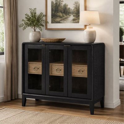Peppercorn Finish Glass Door Server Cabinet, Wooden Storage Unit with Glass Display Doors for Dining Room