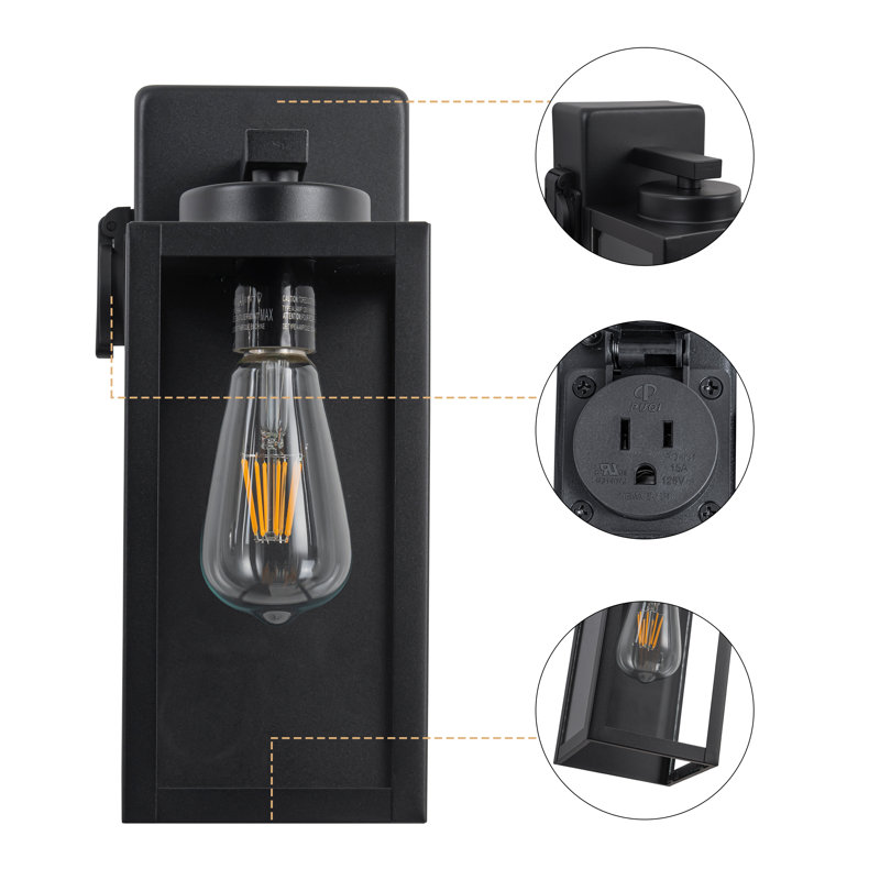  2-pack 12.5in. Matte Black Outdoor Wall Lantern Sconce With Built-in Outlet