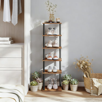 Vertical Shoe Rack, 6 Tier Narrow Shoe Shelf, Storage Organizer For Small Space, 11X11x39.5 Inch, For Closet Entryway Hallway, Rustic Brown & Black