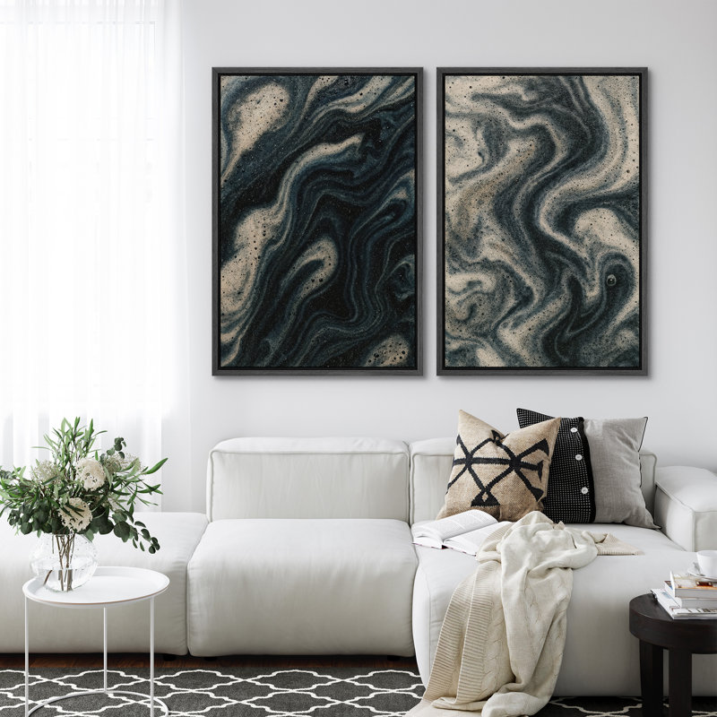 Art mural abstrait, ensemble de 2 reproductions d'art encadrées sur toile, H 36 po x l 48 po, Noir