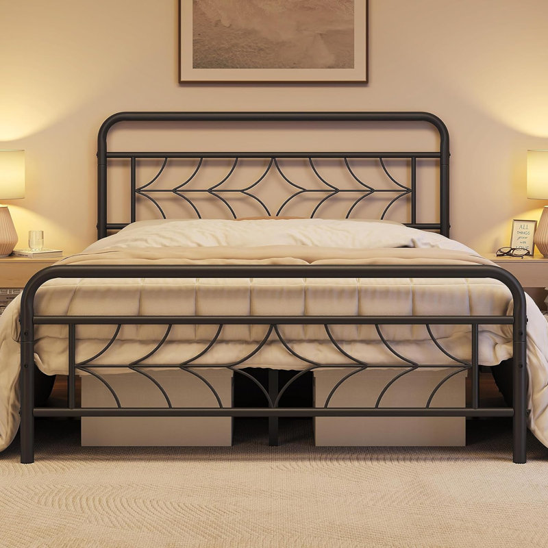 Queen Black Metal Bed Frame with Vintage Headboard and Storage