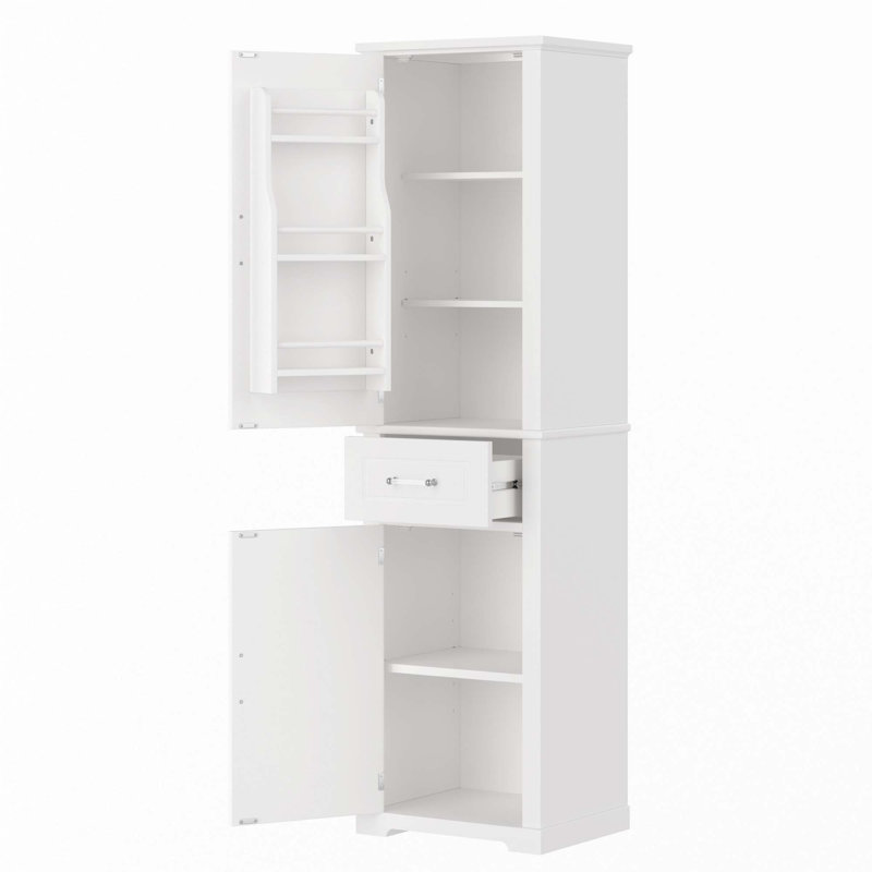 Grande armoire de rangement pour salle de bain avec portes de différentes tailles et tablette réglable