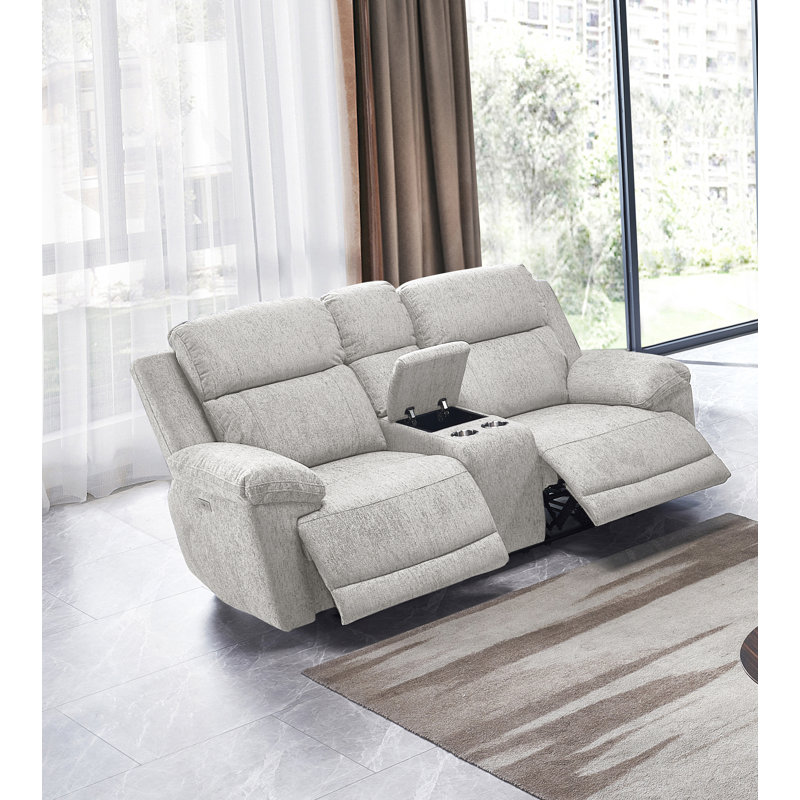 Upholstered Power Reclining Loveseat With Storage Console, USB Ports, Light Gray