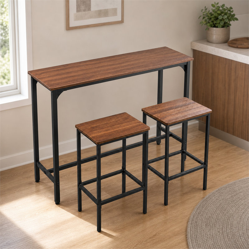 Ensemble de comptoir de bar et de chaise rectangulaire 3 pièces Country Brown: comptoir de bar arrondi de 47,34 pouces avec 2 tabourets de bar sans dossier. Ensemble de coin-repas pour coin-repas compact.