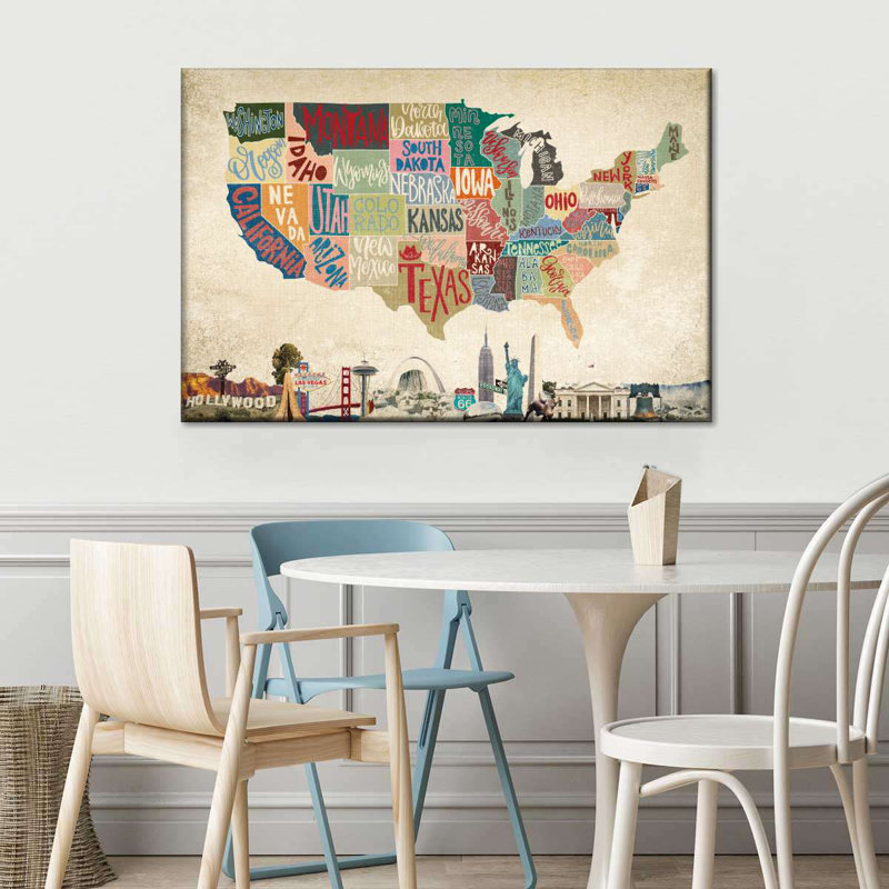Carte rétro des États-Unis sur toile, H 30 po x l 45 po x P 1,25 po