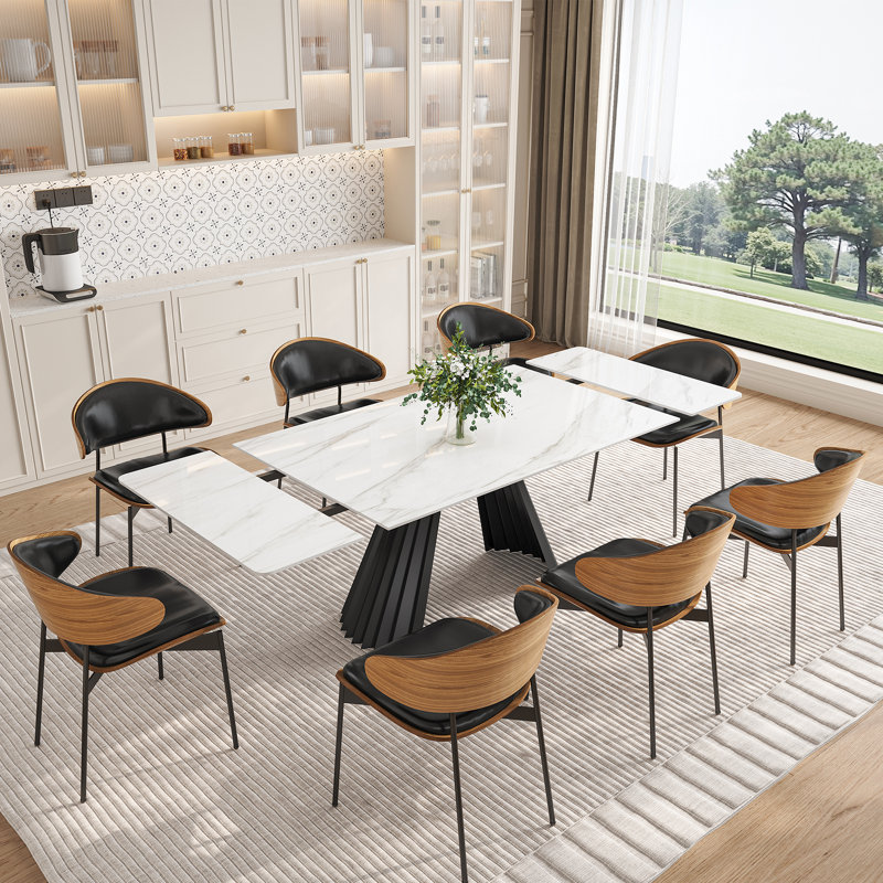 63'' To 94'' Extendable Rectangular Sintered Stone Dining Table For 6-10 With Sintered Stone Tabletop And Metal Base