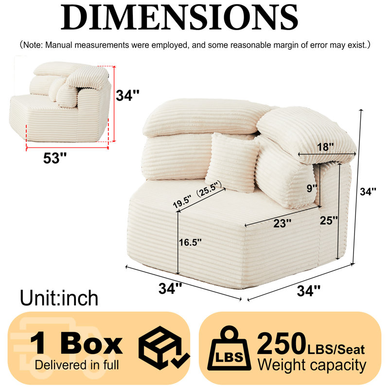 Chaise d'appoint moderne en velours côtelé beige de 53 pouces pour la maison