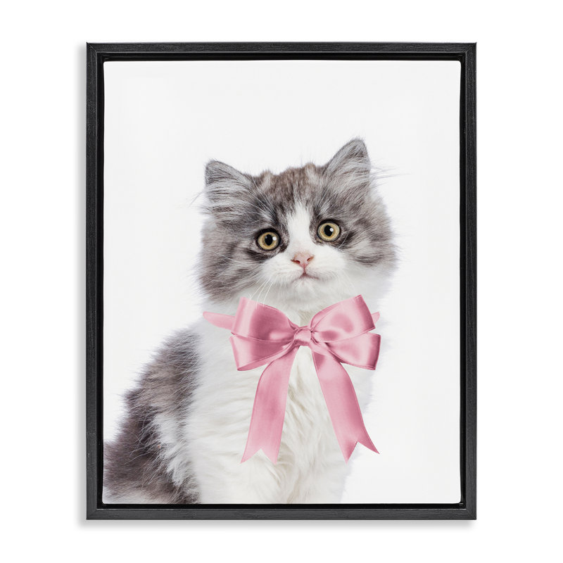 "Chaton avec un nœud papillon rose", art mural sur toile par Sissi et Seb, Cadre flottant noir de jais, H 31 po x l 25 po