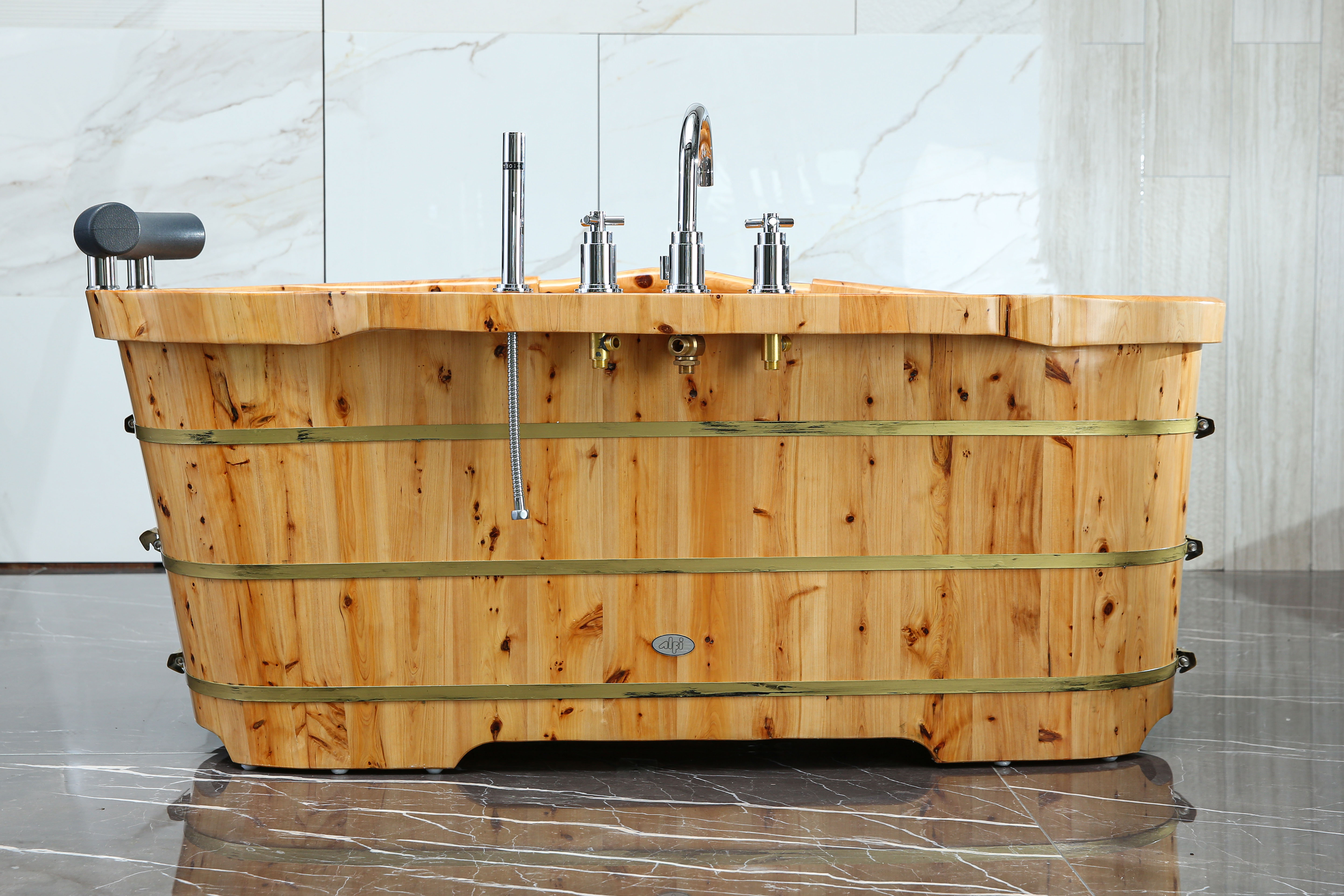 AB1136 61'' x 28.38'' Freestanding Soaking Wood Bathtub with Faucet