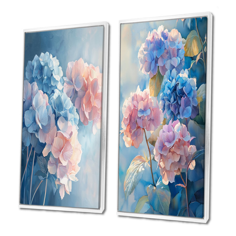 Hortensias dans la lumière du matin I - Collection d'art mural floral 2 pièces, 32" H x 33" W, White Floater Framed
