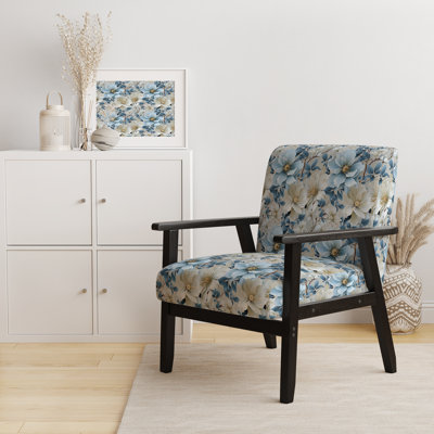 Fauteuil d'appoint en velours blanc et bleu à motif floral I