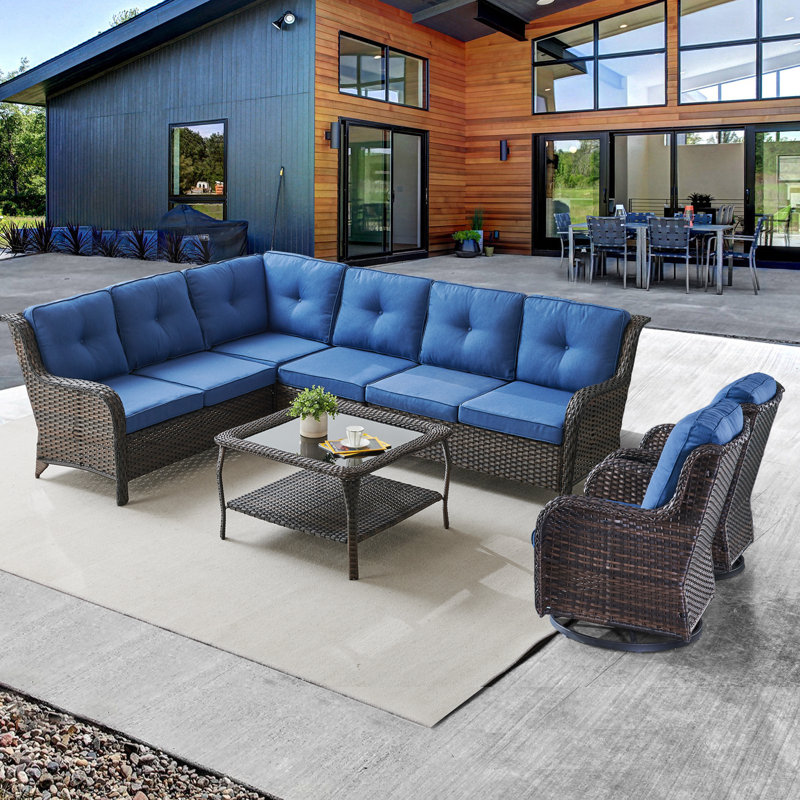 Schutt Wicker 8 - Person Patio Conversation Set with Cushions, Blue, Brown