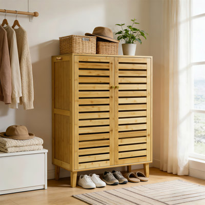 Bamboo Shoe Rack Cabinet Freestanding Shoe Organizer With 5-Tier Shelves And Ventilated Slatted Doors