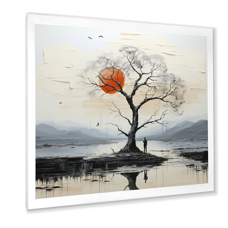 «Grey Red Minimalisme Tree Solitude III», reproduction sur toile, H 36 po x l 36 po x P 1,5 po, Cadre simple blanc