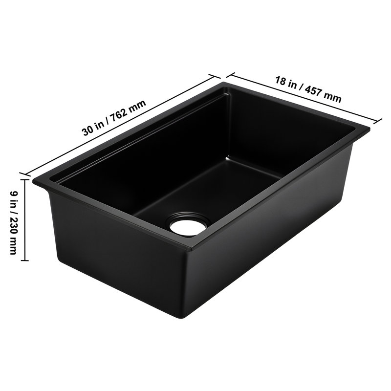Évier à quartz simple encastré en composite de 30 pouces, en composite noir, réduit les éclaboussures et aide à l'efficacité de la cuisine en granit non poreux, idéal pour les espaces compacts