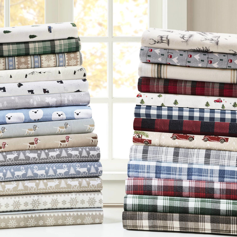 Très grand drap 4 pièces, conception arbres et camions, flanelle 100% coton, matelas pour lit simple / double de 12 po, comprend des taies d'oreiller plates et ajustées, velours doux, drap entièrement élastique