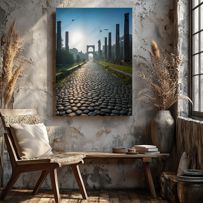 Toile, un chemin pavé s'étire jusqu'à la distance menant à un art mural, ancienne arche encadrée par de grandes colonnes patinées, art mural