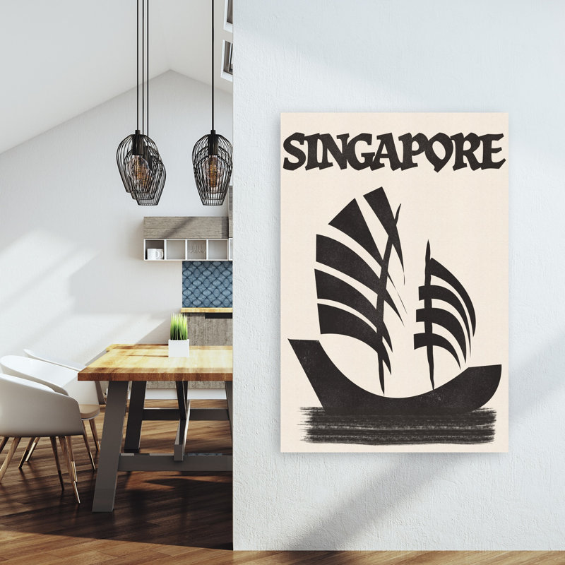 Singapore Junk Sail Minimalist Retro Traditional City Ocean Wall Art Print 1 Piece Wrapped Canvas Wall Art