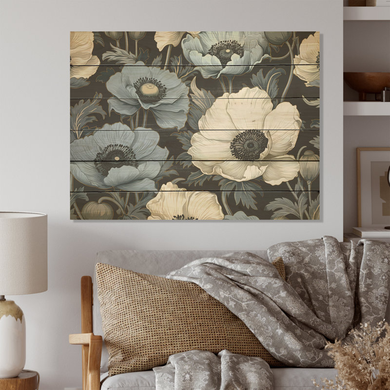 Euphoria bleu et gris coquelicots I - fleurs, art mural sur bois de pin naturel, H 10 po x l 20 po