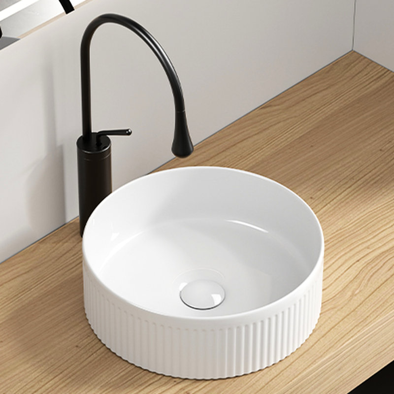 Lavabo vasque rond en céramique blanche de 14 pouces, rayures verticales et design inspiré de la nature, facile d'entretien pour la salle de bain moderne avec des motifs ondulés élégants, installation rapide