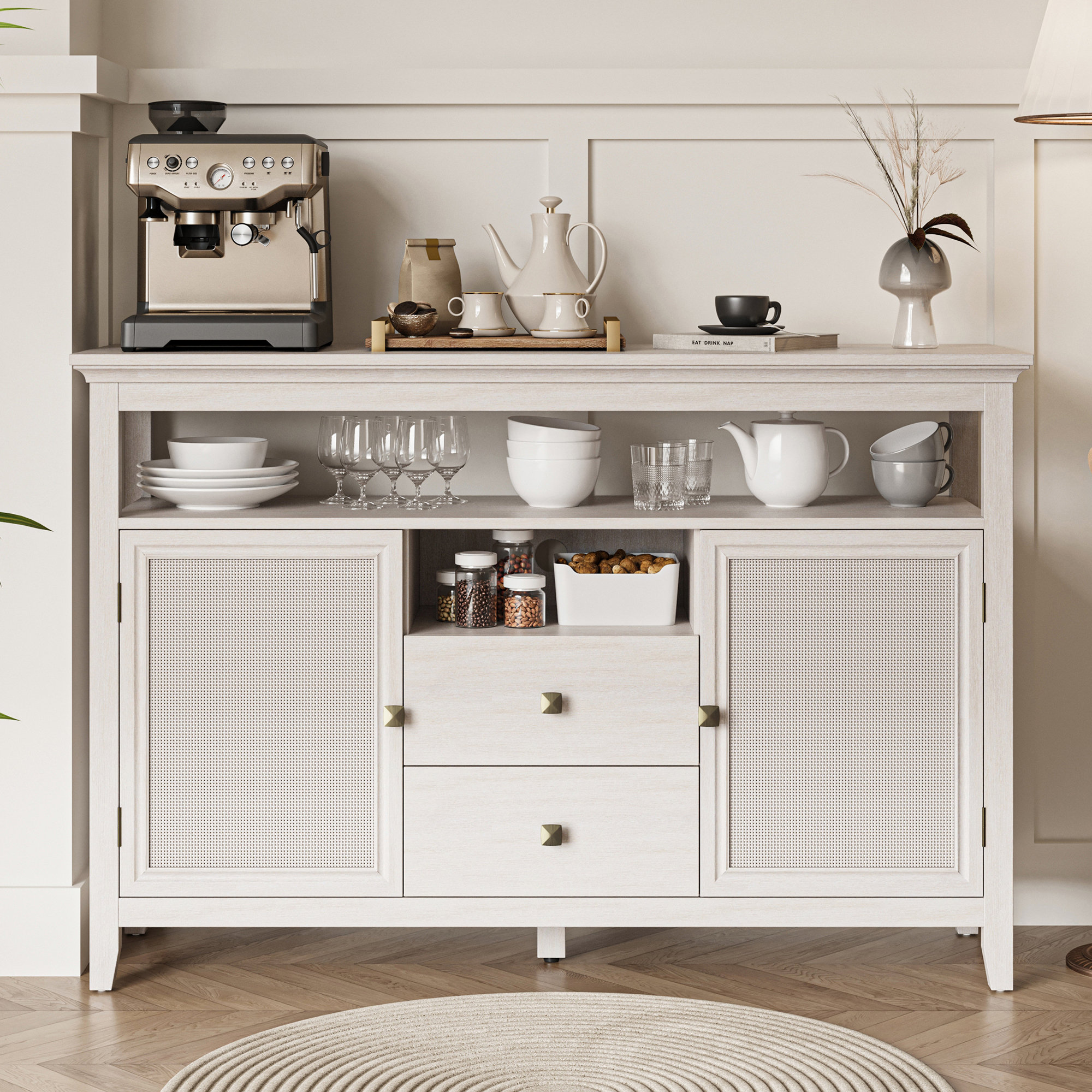 Bungalow Rose Azarius Boho Storage Coffee Bar Cabinet with Natural Rattan Doors Reviews Wayfair
