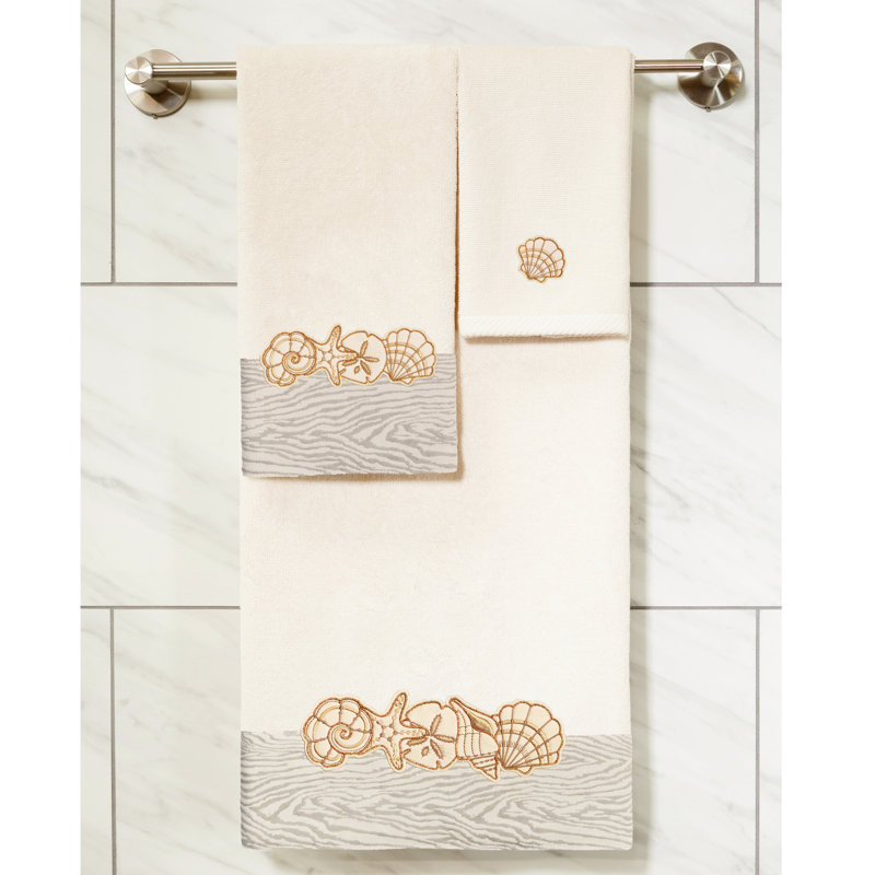 SHELL ROW 3PC Embellished Towel Set 3 Piece 100% Turkish Cotton Towel Set, Beige