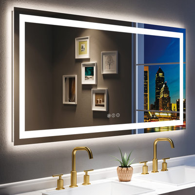 Akilan Frameless LED Vanity Mirror with Front-lit and Back-lit, Memory Function, 3 Color Temperatures & Dimmable Light, Anti-fog Tempered Glass ETL Mirror