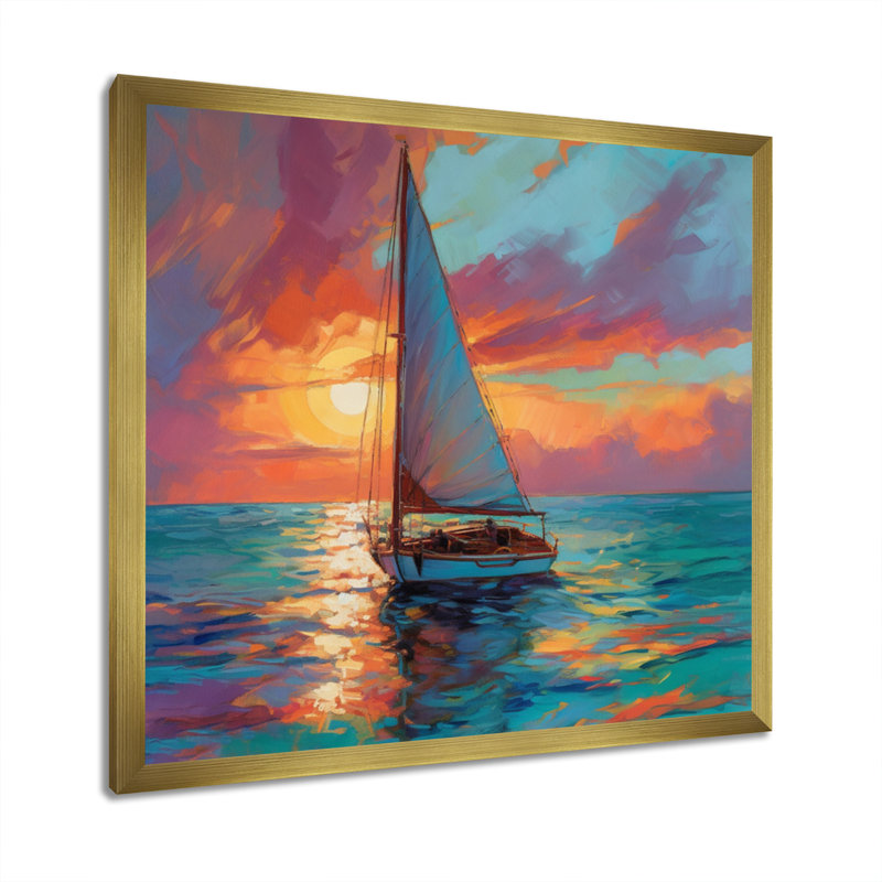 Voilier en mer I, reproduction d'art sur toile, H 30 po x l 30 po x P 1 po, Encadrement doré