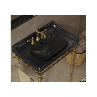 28 Inch Ceramic Bathroom Basin, 3 Pre-Drilled Faucet Holes, Black Finish, Integrated Design, No Cabinet Included